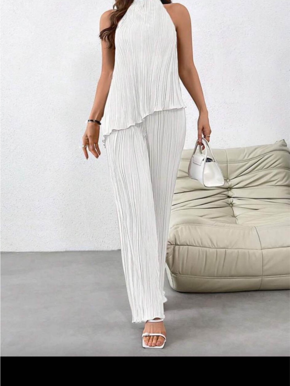 SHEIN White Pleated Halter Wide-Leg Jumpsuit